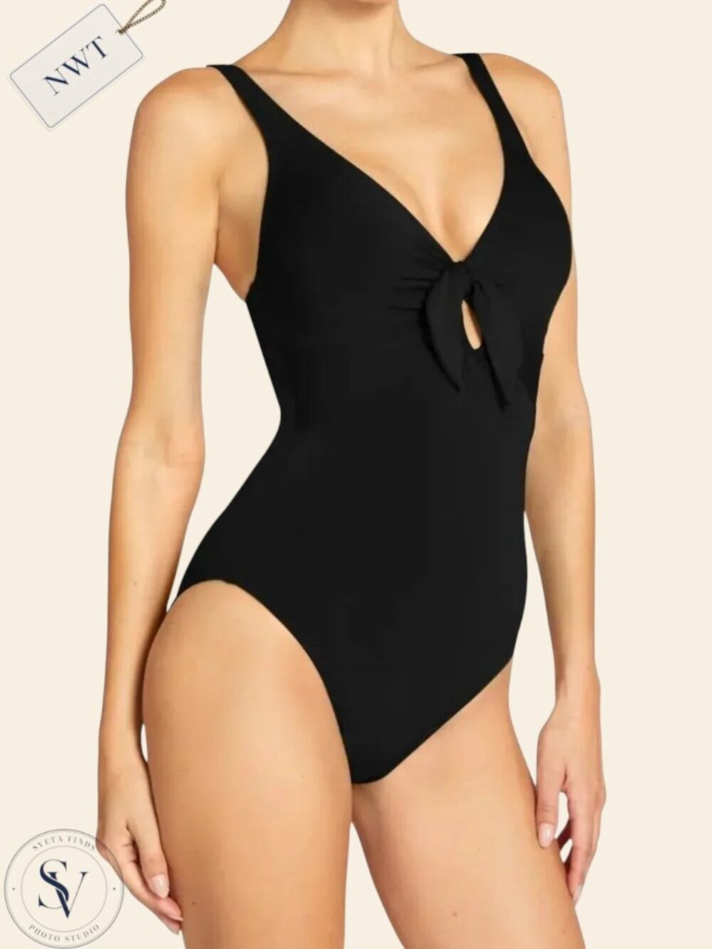 NWT Robin Piccone Ava Plunge Tie Front One Piece Swimsuit Black Size 4